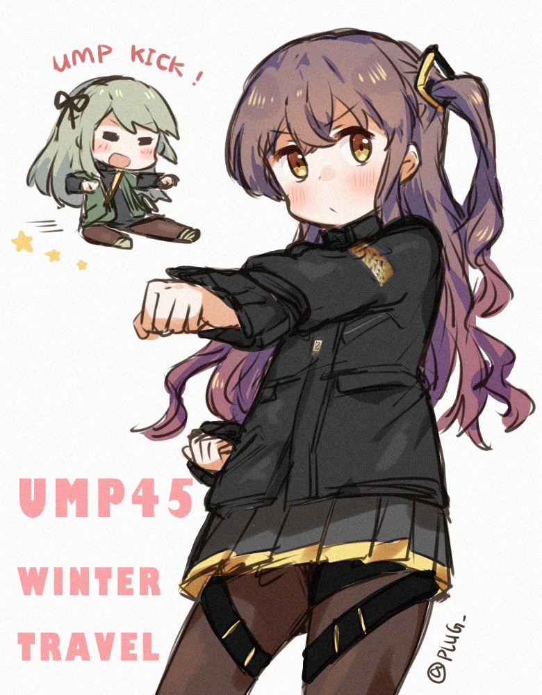 2girls chibi chinese_commentary commentary_request english_text fighting_stance flying_kick girls_frontline jacket kicking kung_fu multiple_girls plug_(feng-yushu) siblings sisters twitter_username ump40_(girls_frontline) ump45_(girls_frontline)