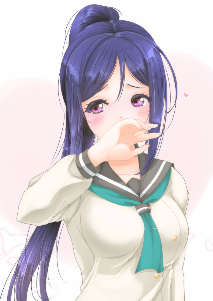 1girl blue_hair blush covering_face frapowa heart high_ponytail long_hair looking_away love_live! love_live!_school_idol_project matsuura_kanan ponytail school_uniform serafuku solo violet_eyes white_background