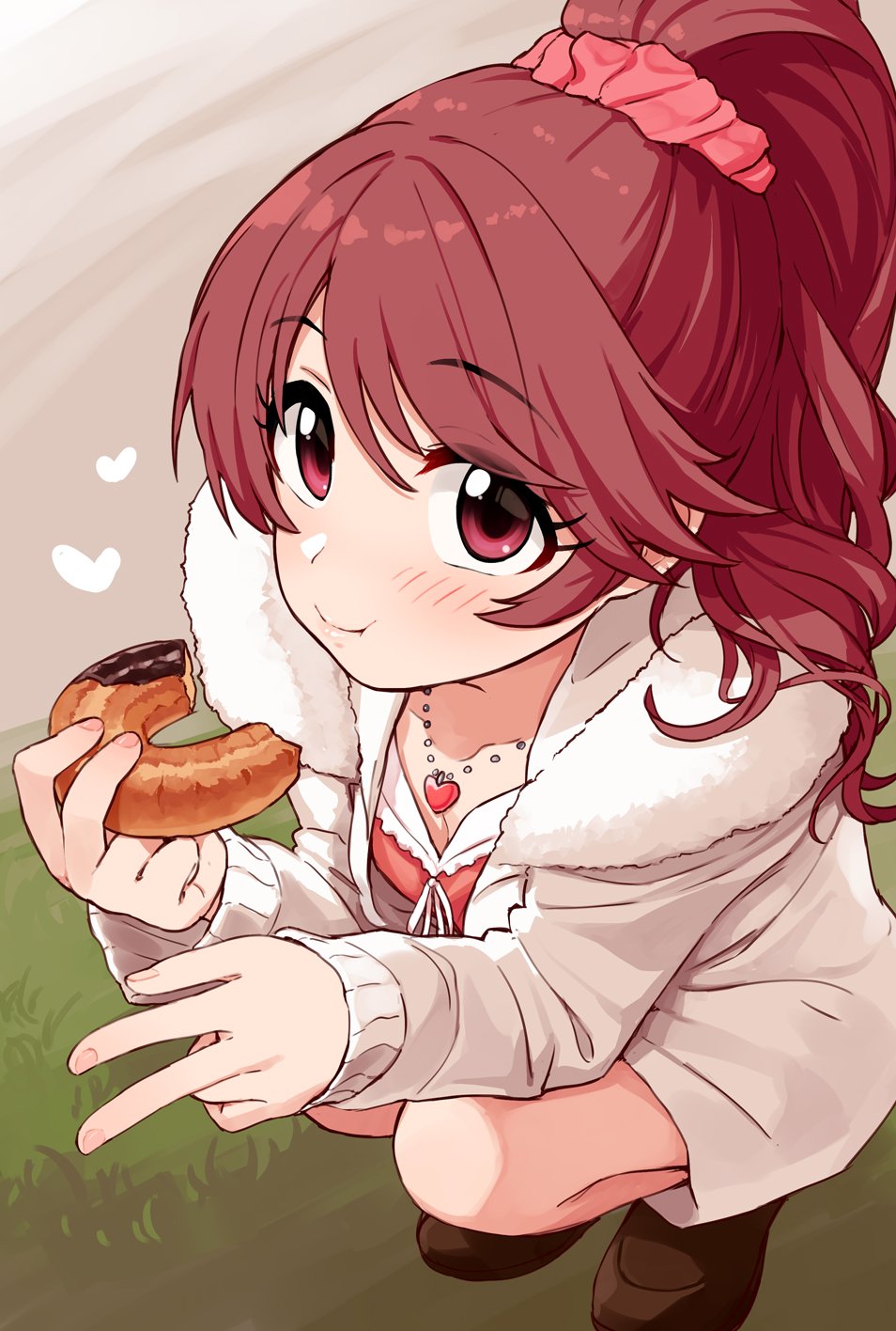 1girl bad_id bad_twitter_id blush brown_eyes brown_hair coat collarbone commentary doughnut eating food full_body fur_trim grass hair_ornament hair_scrunchie heart heart_necklace highres holding holding_food idolmaster idolmaster_cinderella_girls jewelry loafers long_hair looking_at_viewer necklace omaru_gyuunyuu open_clothes open_coat ponytail scrunchie shiina_noriko shoes smile solo squatting v