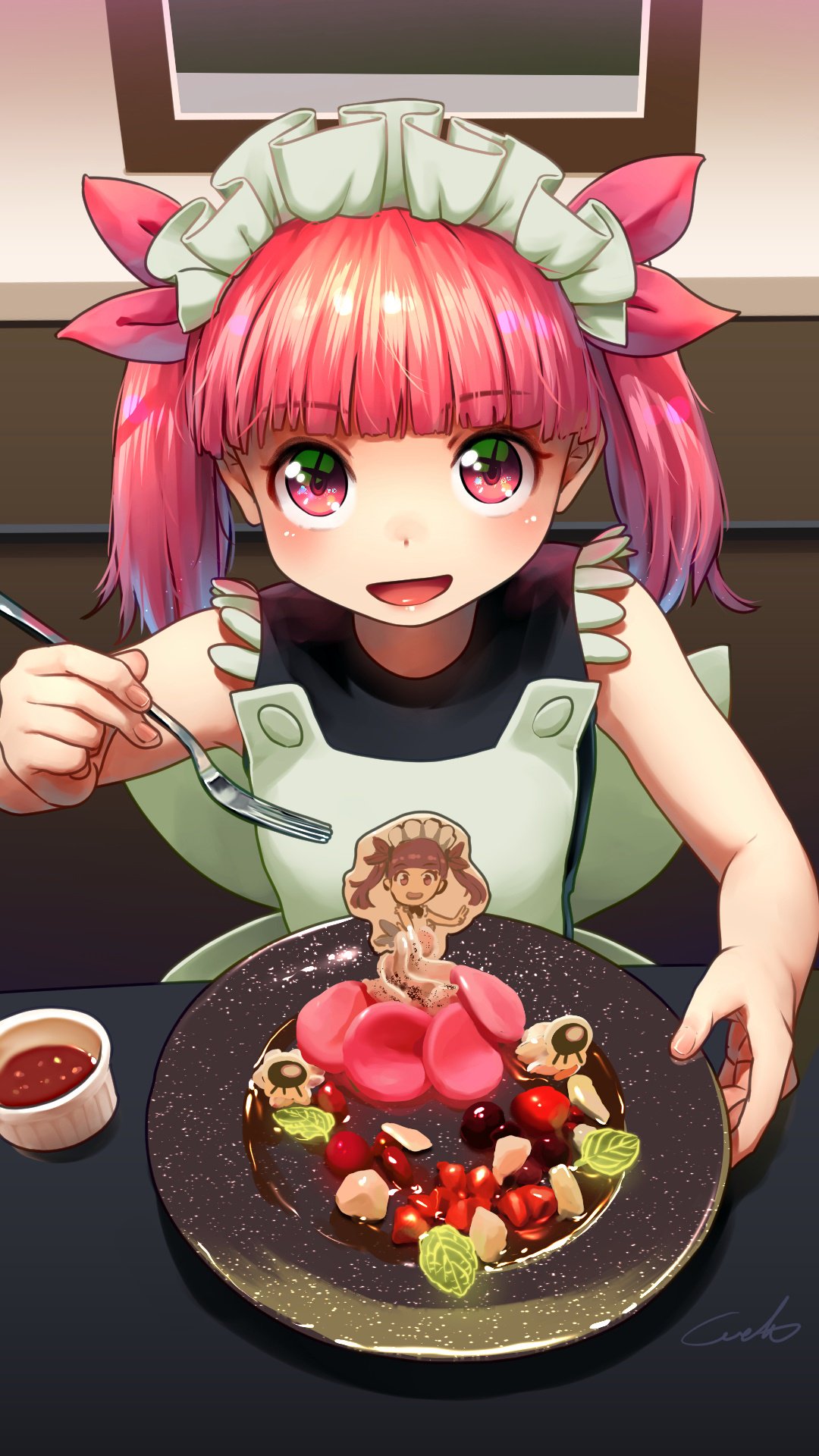 1girl :d bangs bare_arms blunt_bangs commentary_request eyebrows_visible_through_hair food fork headdress highres holding holding_fork indoors kemurikusa long_hair looking_at_viewer open_mouth pink_eyes pink_hair plate rina_(kemurikusa) shiny shiny_hair signature smile solo twintails welt_(kinsei_koutenkyoku)