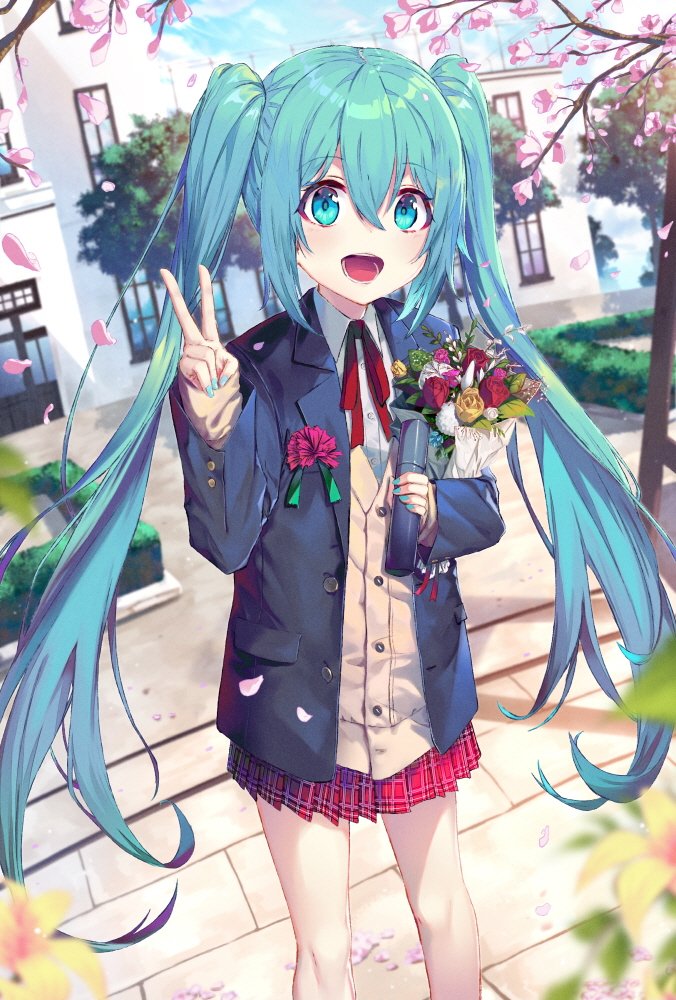1girl blue_eyes blue_hair blue_nails blush bouquet cardigan collared_shirt day eyebrows_visible_through_hair flower hatsune_miku long_hair long_sleeves looking_at_viewer nail_polish open_mouth outdoors pleated_skirt red_skirt shirt skirt sleeves_past_wrists smile solo soya_(torga) standing twintails v very_long_hair vocaloid white_shirt