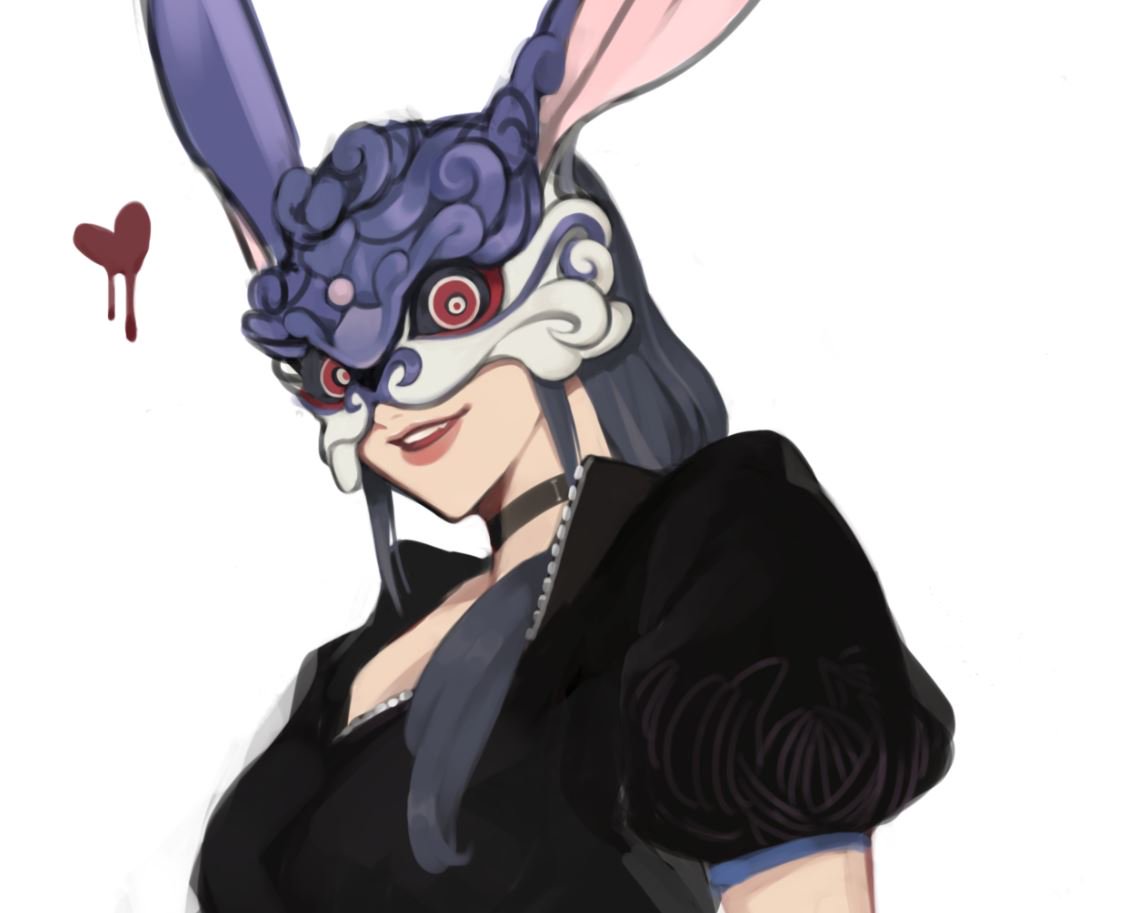 1girl black_choker bunny_mask choker dripping face fishfall grey_hair heart looking_at_viewer mask medium_hair original parted_lips puffy_short_sleeves puffy_sleeves red_eyes short_sleeves simple_background smile solo teeth upper_body white_background zipper