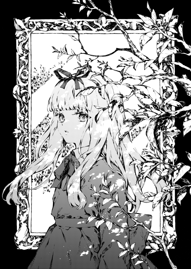 1girl aquariumtama arm_at_side bangs blunt_bangs dappled_sunlight dress expressionless frame greyscale hair_ribbon hairband leaf long_hair long_sleeves looking_at_viewer monochrome neck_ribbon official_art parted_lips polly_plummer ribbon solo sunlight the_chronicles_of_narnia tree_branch upper_body