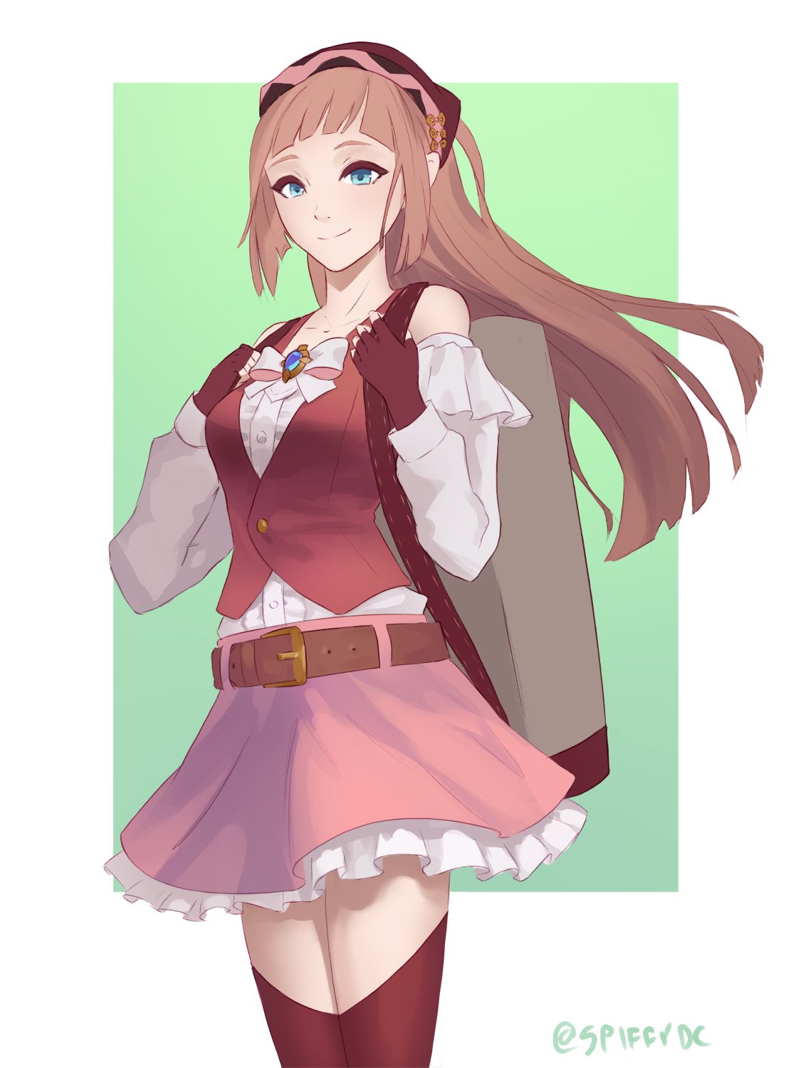 1girl backpack bag bandanna belt blue_eyes breasts buttons closed_mouth collarbone commentary english_commentary felicia_(fire_emblem_if) fingerless_gloves fire_emblem fire_emblem_heroes fire_emblem_if frills gloves highres jewelry long_hair looking_at_viewer medium_breasts miniskirt nintendo open_eyes ornament pink_hair ponytail ribbon simple_background skirt smile solo spiffydc twitter_username white_ribbon