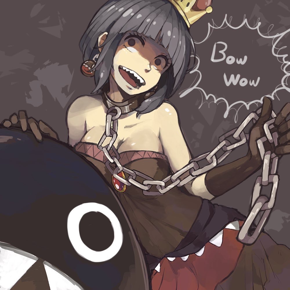 black_dress black_gloves black_hair bob_cut breasts chain_chomp chains cleavage dress earrings elbow_gloves gloves jewelry super_mario_bros. nintendo princess_chain_chomp self_mn58 sharp_teeth sleeveless sleeveless_dress super_crown teeth