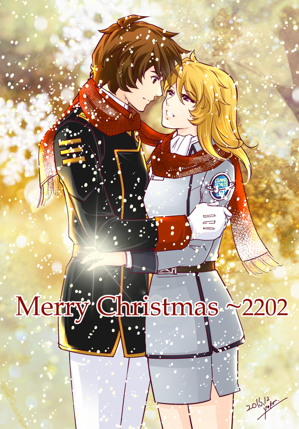 1boy 1girl 2015 black_jacket blonde_hair brown_eyes brown_hair cowboy_shot eye_contact grey_jacket grey_skirt jacket kodai_susumu long_hair long_sleeves looking_at_another merry_christmas military_jacket miniskirt mori_yuki outdoors pants pencil_skirt red_scarf scarf shared_scarf signature skirt snowing standing uchuu_senkan_yamato uchuu_senkan_yamato_2199 violet_eyes white_pants yokon2199