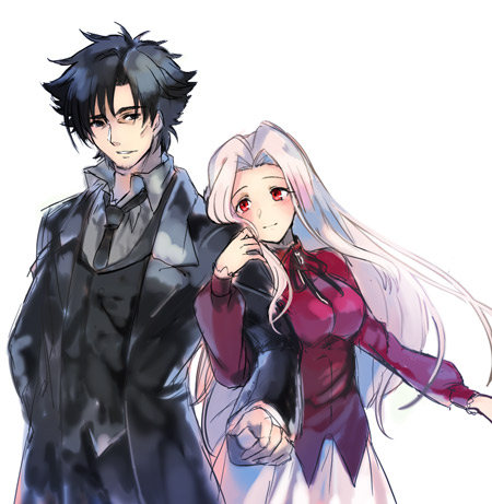 1boy 1girl black_coat black_eyes black_hair black_jacket black_neckwear black_ribbon coat collared_shirt couple emiya_kiritsugu fate/zero fate_(series) grey_shirt hair_intakes hand_in_pocket irisviel_von_einzbern jacket locked_arms long_hair long_sleeves looking_at_viewer lowres neck_ribbon necktie open_clothes open_coat parted_lips red_eyes red_jacket ribbon shida_(xwheel) shirt silver_hair simple_background sketch skirt smile very_long_hair white_background white_skirt wing_collar