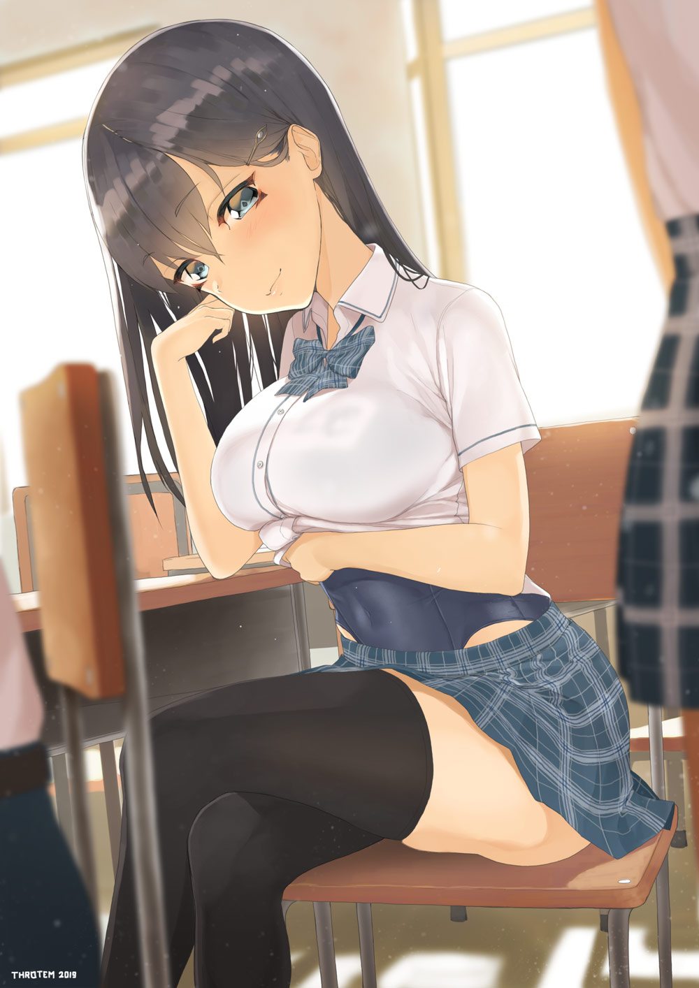 1girl artist_name bangs black_hair black_legwear blue_eyes blurry blurry_background blurry_foreground bow bowtie breasts chair classroom closed_mouth collared_shirt covered_navel dated desk eyebrows_visible_through_hair hair_ornament hairpin hand_up highres legs_crossed lifted_by_self long_hair medium_breasts on_chair original plaid plaid_neckwear plaid_skirt school_chair school_desk school_swimsuit school_uniform see-through shirt shirt_lift short_sleeves sitting skirt solo_focus straight_hair swimsuit swimsuit_under_clothes thigh-highs throtem uniform white_shirt window zettai_ryouiki