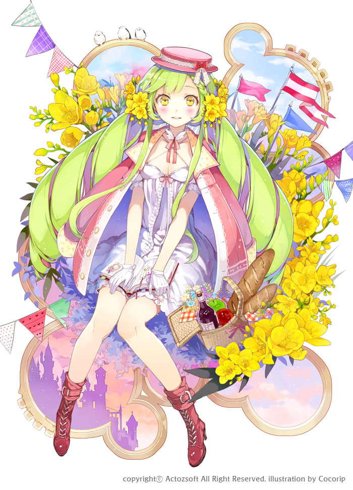 1girl apple artist_name baguette bird blush boater_hat book book_on_lap bookmark boots bottle bow bread breasts castle choker cocorip commentary_request company_name criss-cross_halter cross-laced_footwear dress drill_hair flower food freesia_(flower) fruit full_body gloves green_hair hair_flower hair_ornament halterneck hat hat_bow jacket jacket_on_shoulders kaku-san-sei_million_arthur knees_together_feet_apart lace-up_boots long_hair looking_at_viewer low_twintails million_arthur_(series) official_art open_book parted_lips pennant picnic_basket pink_headwear pink_jacket red_footwear short_dress short_sleeves sidelocks sitting sky small_breasts smile solo string_of_flags twin_drills twintails very_long_hair watermark white_dress white_gloves yellow_eyes yellow_flower