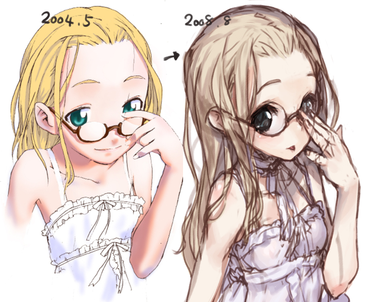 blonde_hair comparison flat_chest forehead glasses green_eyes hands long_hair sketch smile unaji