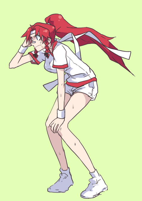 alternate_costume bare_legs braid contemporary gym_uniform headband hong_meiling long_hair ponytail red_hair redhead short_shorts short_sleeves shorts simple_background solo sweat tima touhou twin_braids