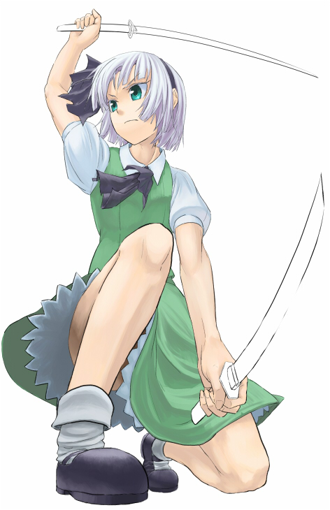 dual_wield dual_wielding fighting_stance from_below konpaku_youmu mismi sword touhou weapon