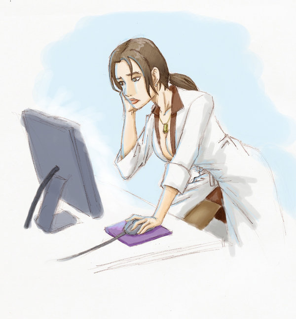 cleavage computer computer_mouse labcoat metal_gear_solid metal_gear_solid_4 monitor mousepad naomi_hunter ponytail sleeves_rolled_up