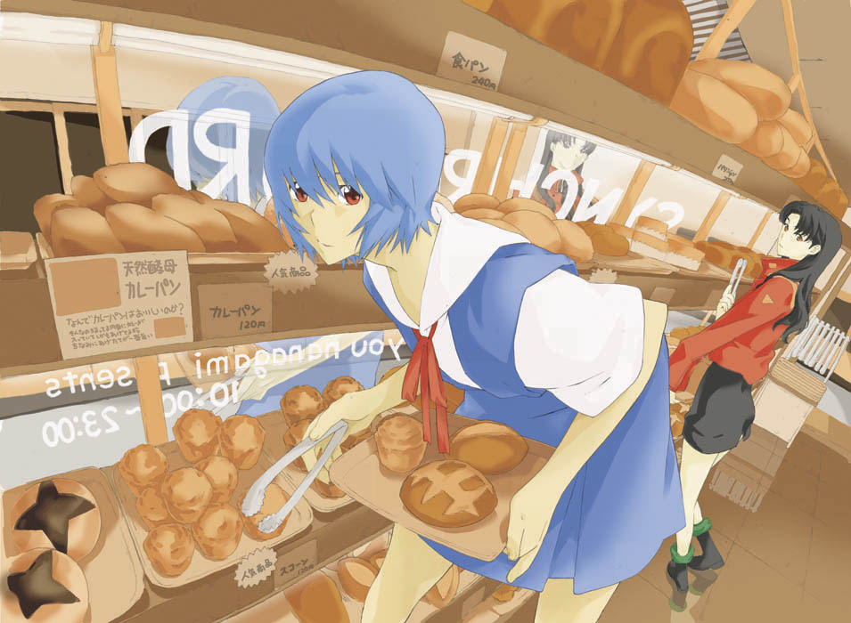 bent_over blonde_hair blue_hair bread food katsuragi_misato leaning_forward nanagami_you neon_genesis_evangelion red_eyes school_uniform shop short_hair tongs tray