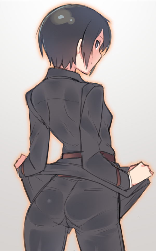 1girl ass bangs belt black_eyes black_hair breasts cowboy_shot em kino kino_no_tabi looking_at_viewer looking_back outline shirt_lift simple_background small_breasts solo standing tomboy