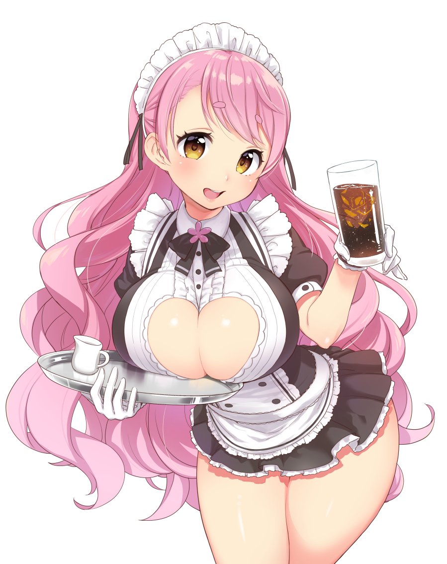 1girl aizono_manami bangs blush breast_rest breasts breasts_on_tray carried_breast_rest cleavage cleavage_cutout commentary cowboy_shot cup drinking_glass eyebrows_visible_through_hair gloves heart heart-shaped_pupils holding holding_cup holding_tray kanya_pyi large_breasts lips long_hair maid_headdress miniskirt nijisanji pink_hair puffy_short_sleeves puffy_sleeves short_eyebrows short_sleeves simple_background skirt soda solo standing symbol-shaped_pupils thick_eyebrows thick_thighs thighs tray very_long_hair virtual_youtuber waitress wavy_hair white_background white_gloves yellow_eyes
