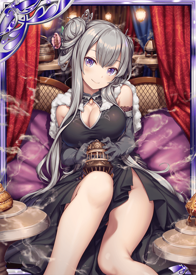 1girl akkijin black_gloves breasts card_(medium) chinese_clothes flower gloves grey_hair hair_flower hair_ornament incense incense_burner large_breasts long_hair looking_at_viewer official_art shinkai_no_valkyrie sitting violet_eyes