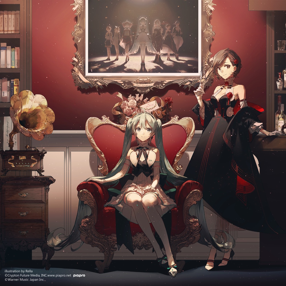 2girls artist_name bangs blue_eyes blue_hair bottle brown_eyes brown_hair chair cup dress drinking_glass elbow_gloves gloves hatsune_miku high_heels long_hair looking_at_viewer meiko multiple_girls neck_ribbon phonograph rella ribbon short_hair sitting standing swept_bangs thigh-highs twintails very_long_hair vocaloid white_gloves white_legwear wine_bottle wine_glass