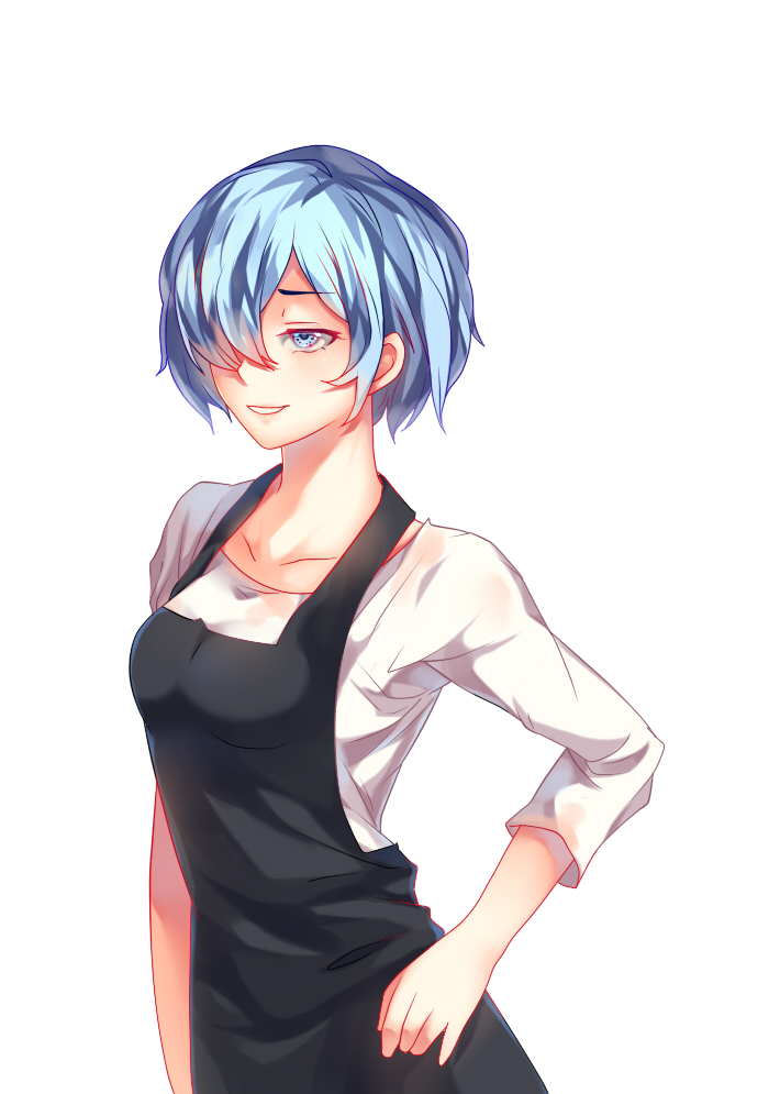 1girl apron black_apron blue_eyes blue_hair breasts collarbone eyebrows_visible_through_hair g4265059 hair_over_one_eye kirishima_touka medium_breasts one_eye_covered shirt short_hair simple_background smile solo tokyo_ghoul tokyo_ghoul:re upper_body white_background white_shirt