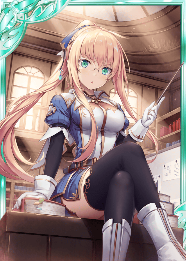 1girl akkijin aqua_eyes baton blonde_hair book bookshelf boots breasts card_(medium) glasses gloves indoors legs_crossed looking_at_viewer medium_breasts official_art shinkai_no_valkyrie sitting teacher thigh-highs uniform white_gloves