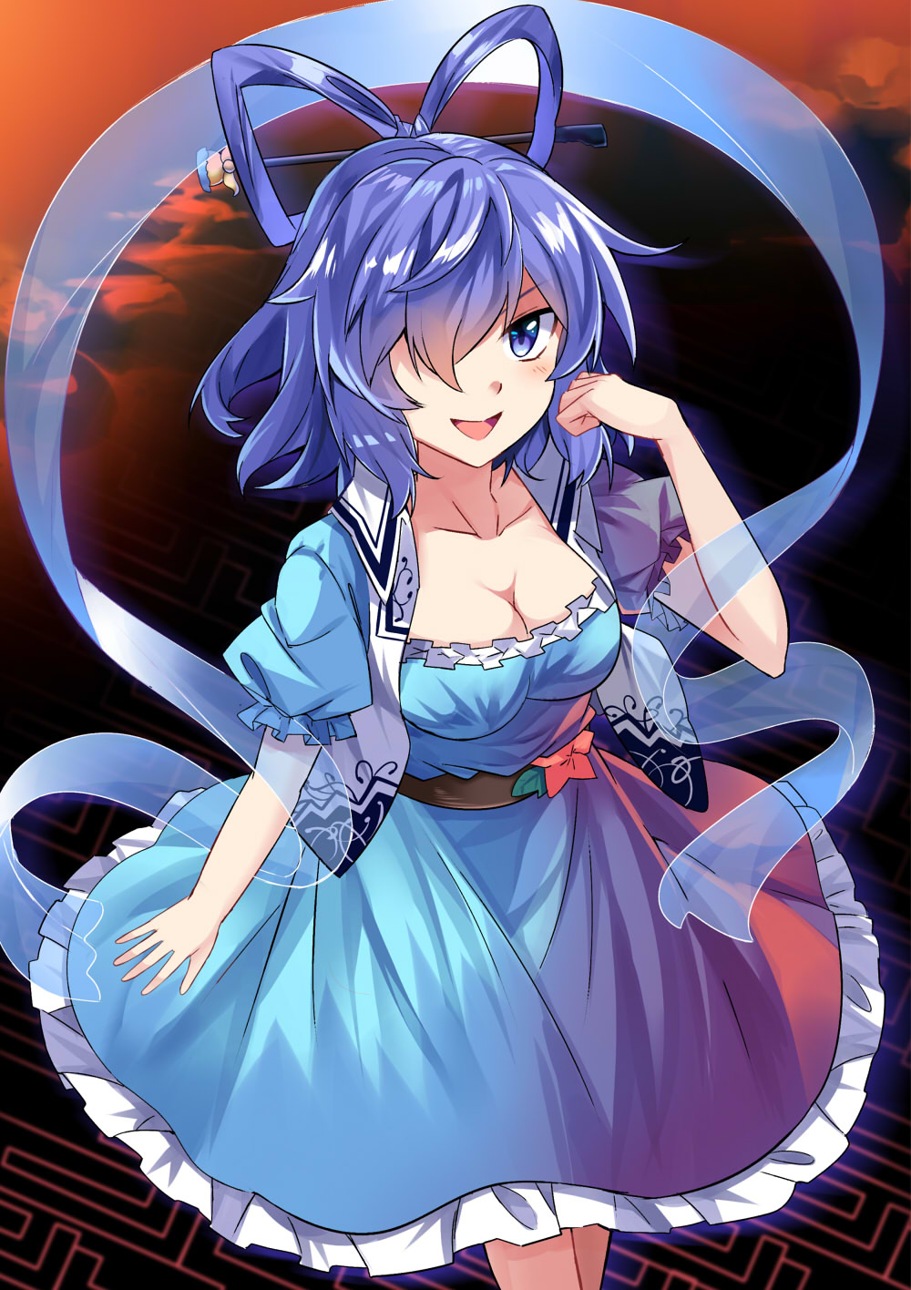 1girl :d belt black_background black_belt blue_dress blue_eyes blue_hair breasts cleavage collarbone commentary_request dress e.o. feet_out_of_frame flower frills gradient gradient_background hair_ornament hair_over_one_eye hair_rings hair_stick hand_up highres kaku_seiga leaf looking_at_viewer medium_breasts open_mouth orange_background petticoat pink_flower puffy_short_sleeves puffy_sleeves shawl short_hair short_sleeves smile solo touhou