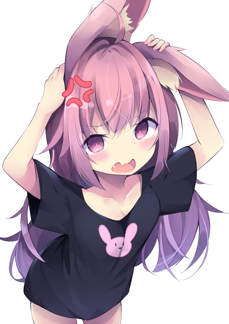 1girl ahoge anger_vein animal_ear_fluff animal_ears arms_up bangs black_shirt breasts cleavage commentary_request cowboy_shot eyebrows_visible_through_hair fang hair_between_eyes kyuukon_(qkonsan) leaning_forward long_hair looking_at_viewer open_mouth original purple_hair rabbit_ears shirt short_sleeves simple_background small_breasts solo very_long_hair violet_eyes white_background