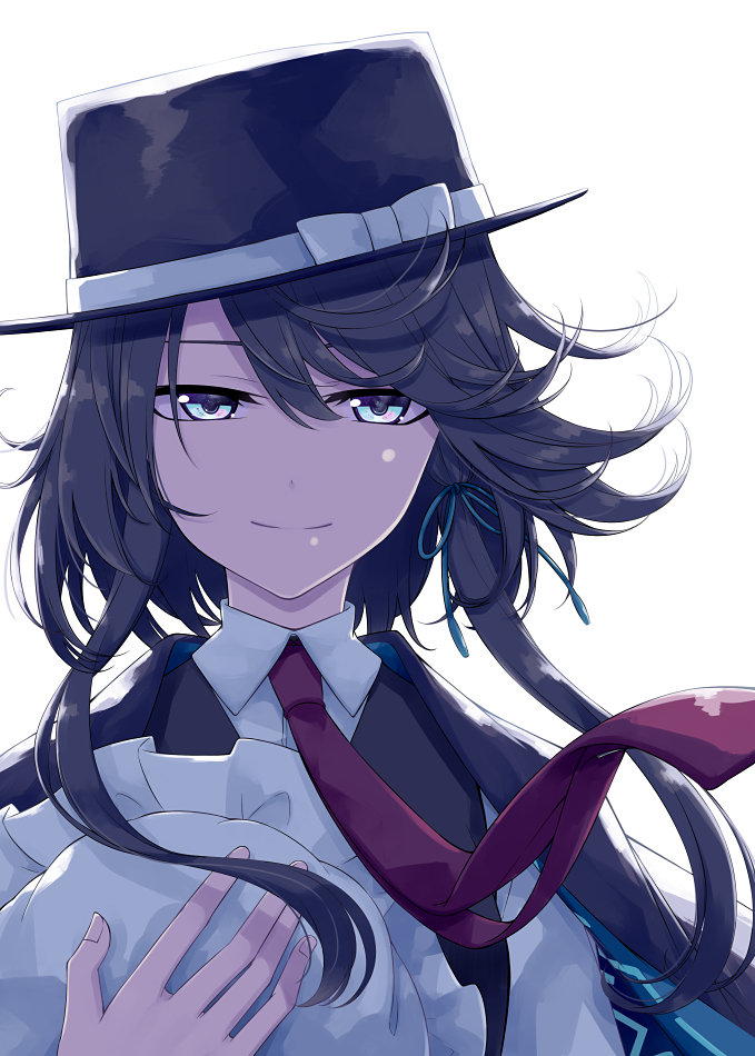 1girl bangs black_capelet black_hair black_headwear blue_eyes blue_ribbon bow capelet commentary_request fedora hair_between_eyes hair_ribbon hat hat_bow holding holding_hat long_sleeves looking_at_viewer mob_cap necktie red_neckwear ribbon sakuraba_yuuki shirt short_hair_with_long_locks sidelocks simple_background smile solo touhou upper_body usami_renko white_background white_bow white_headwear white_shirt