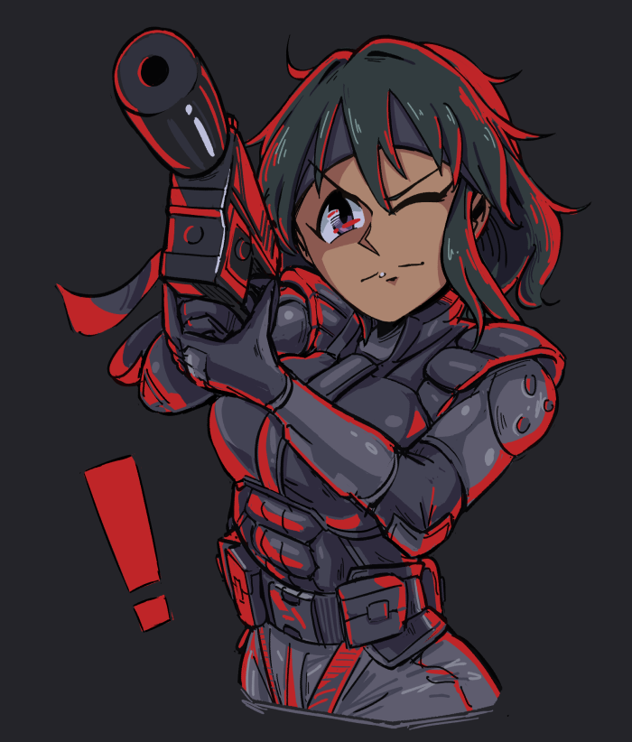 ! 1girl bandanna black_background commentary_request cosplay gun h&amp;k_usp handgun idolmaster idolmaster_cinderella_girls metal_gear_(series) multitrip natalia_(idolmaster) one_eye_closed pistol solid_snake solid_snake_(cosplay) suppressor weapon