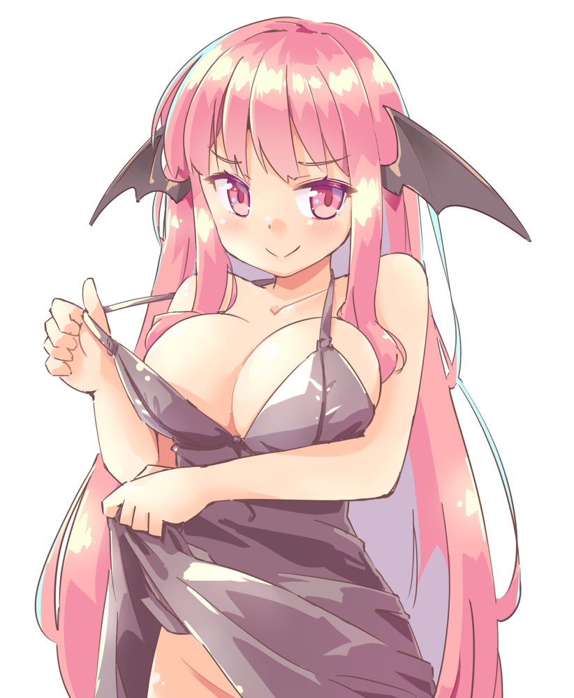 1girl alternate_costume arnest bangs bare_arms bare_shoulders black_dress blush breasts collarbone demon_wings dress dress_lift eyebrows_visible_through_hair groin head_wings koakuma large_breasts lifted_by_self long_hair looking_at_viewer pink_eyes pink_hair sidelocks simple_background smile solo spaghetti_strap strap_pull touhou upper_body very_long_hair white_background wings