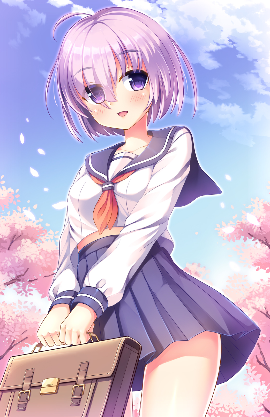 1girl :d alternate_costume bangs blue_sailor_collar blue_skirt blue_sky blush breasts cherry_blossoms commentary_request day eyebrows_visible_through_hair fate/grand_order fate_(series) flower hair_over_one_eye highres holding long_sleeves looking_at_viewer mash_kyrielight neckerchief open_mouth outdoors petals pink_flower pleated_skirt purple_hair red_neckwear sailor_collar school_briefcase school_uniform serafuku shirt short_hair skirt sky small_breasts smile solo tree_branch umitonakai violet_eyes white_shirt