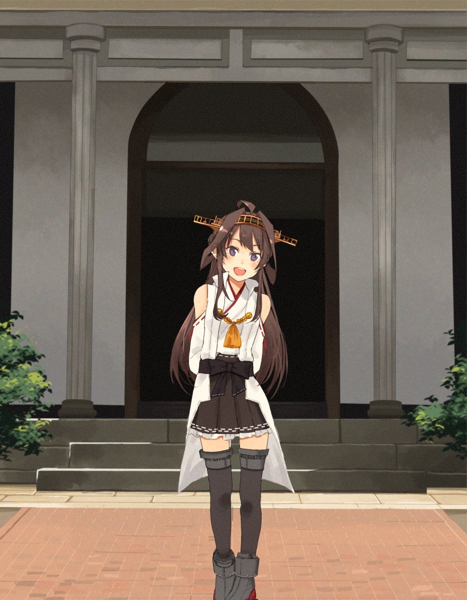 1girl ahoge annin_musou arms_behind_back boots brown_eyes brown_hair commentary_request detached_sleeves double_bun hairband headgear highres kantai_collection kongou_(kantai_collection) leaning_forward long_hair open_mouth pleated_skirt purple_skirt remodel_(kantai_collection) ribbon-trimmed_sleeves ribbon_trim round_teeth skirt smile solo standing teeth thigh-highs thigh_boots upper_teeth