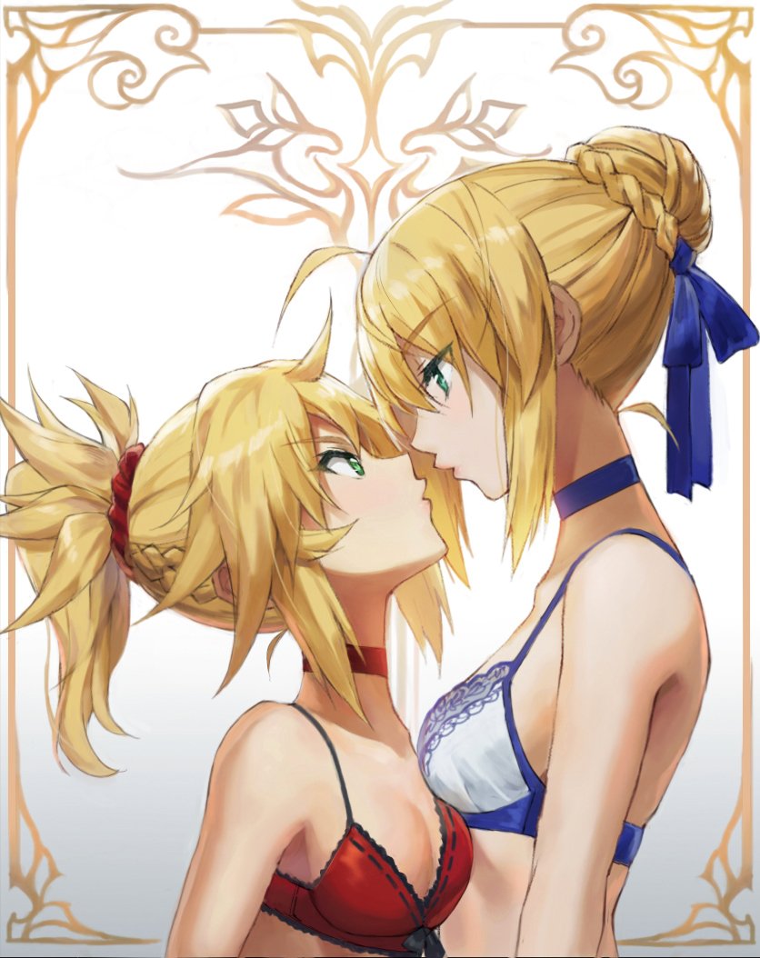 2girls ahoge artoria_pendragon_(all) bangs blonde_hair blue_ribbon bra braid choker commentary_request eye_contact eyebrows_visible_through_hair fate/apocrypha fate/grand_order fate/stay_night fate_(series) green_eyes hair_ornament hair_ribbon hair_scrunchie height_difference looking_at_another mordred_(fate) mordred_(fate)_(all) multiple_girls red_scrunchie ribbon saber scrunchie tonee underwear upper_body