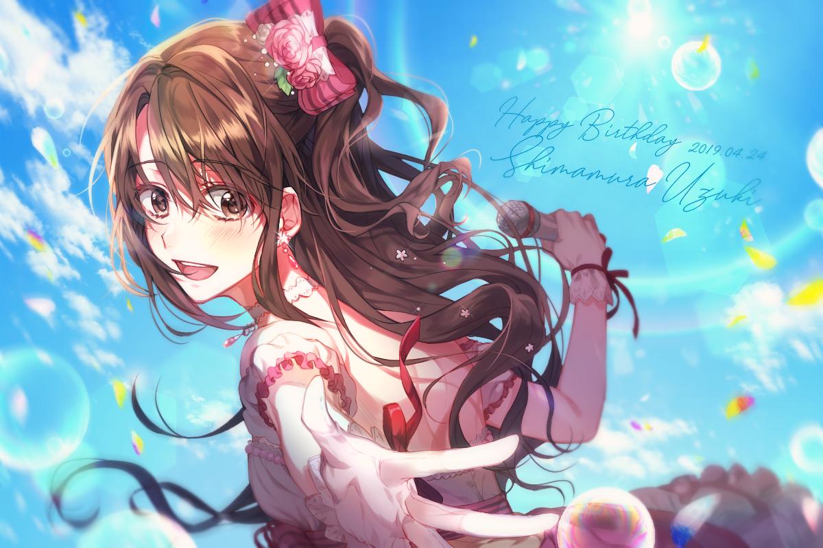 1girl :d backless_outfit bow brown_eyes brown_hair choker clouds earrings flower frills from_m0r0 gloves hair_bow hair_flower hair_ornament happy_birthday idol idol_clothes idolmaster idolmaster_cinderella_girls jewelry long_hair looking_back microphone open_mouth petals shimamura_uzuki side_ponytail sky smile solo sun sunlight upper_body