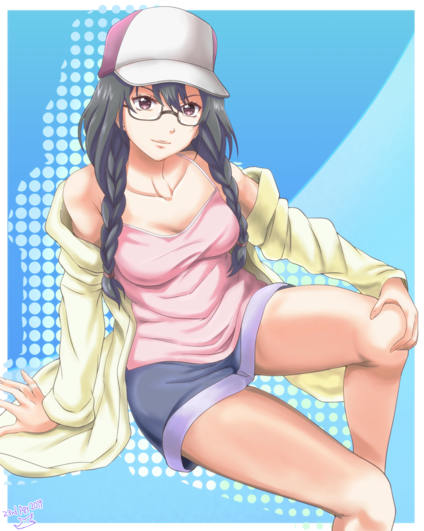 1girl baseball_cap black-framed_eyewear black_hair blue_background blue_shorts braid breasts brown_eyes casual cleavage dated glasses hand_on_own_knee hat houzuki_satowa jacket kono_oto_tomare! long_hair looking_at_viewer medium_breasts off_shoulder pink_skirt samenoido shorts simple_background sitting skirt twin_braids yellow_jacket