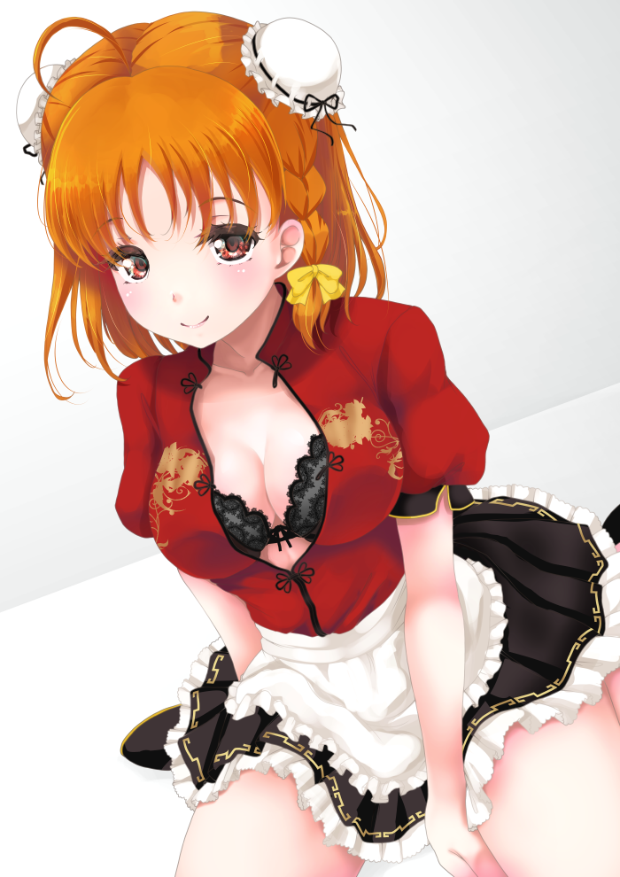 1girl ahoge apron black_footwear breasts brown_eyes brown_hair cleavage collarbone double_bun frapowa frilled_skirt frills lace love_live! love_live!_school_idol_project medium_breasts open_clothes short_braid sitting skirt solo thighs wariza white_background