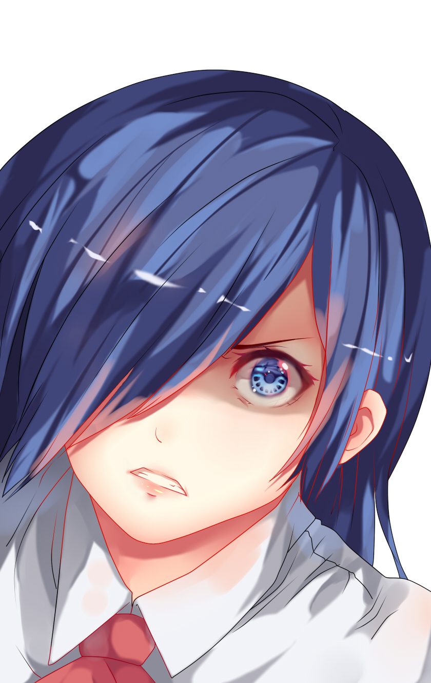 1girl angry blue_eyes blue_hair clenched_teeth commentary_request from_above g4265059 hair_over_one_eye highres kirishima_touka looking_at_viewer necktie one_eye_covered red_neckwear shirt short_hair simple_background solo teeth tokyo_ghoul white_background white_shirt