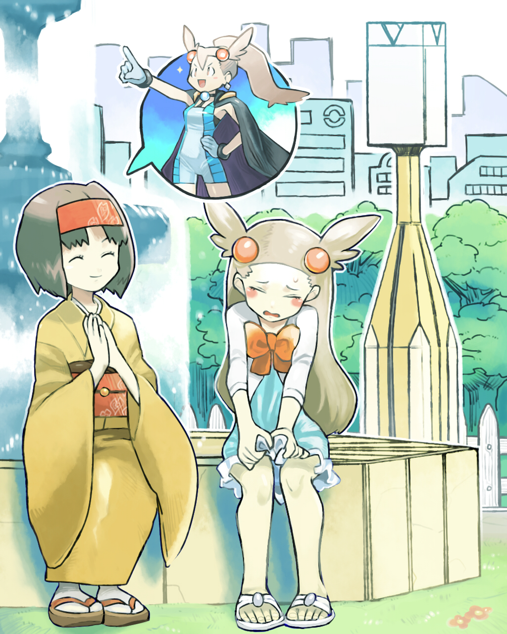 2girls :d ^_^ black_cape black_hair blue_dress blue_gloves bow building cape closed_eyes closed_eyes closed_mouth cosplay creatures_(company) donnpati dress erika_(pokemon) fence flower fountain furrowed_eyebrows game_freak geta gloves grass gym_leader hair_ornament hairband hands_together hands_up highres ibuki_(pokemon) ibuki_(pokemon)_(cosplay) index_finger_raised jacket japanese_clothes kimono light_brown_hair long_hair long_sleeves mikan_(pokemon) multiple_girls nintendo obi open_clothes open_jacket open_mouth orange_bow outdoors outline picket_fence pointing pokemon pokemon_(game) pokemon_hgss ponytail red_flower red_hairband sandals sash short_dress short_hair short_jumpsuit sitting sleeves_past_elbows smile sparkle speech_bubble tabi tree v-shaped_eyebrows water white_footwear white_jacket white_legwear white_outline wide_sleeves wooden_fence yellow_kimono
