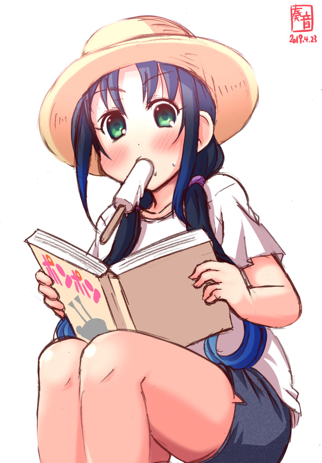 1girl alternate_costume artist_logo blouse blue_hair blush book casual commentary_request dated feet_out_of_frame food green_eyes grey_skirt hat highres kanon_(kurogane_knights) kantai_collection long_hair look-alike low_twintails mouth_hold popsicle ribbon simple_background sitting skirt solo sun_hat suzukaze_(kantai_collection) twintails white_background white_blouse