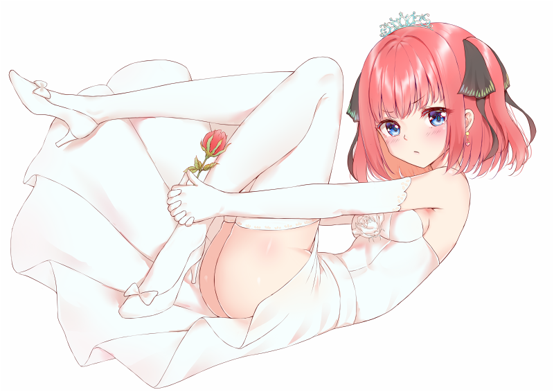 1girl ass bangs bare_shoulders blue_eyes blush bow breasts bride chouge60229 closed_mouth dress earrings elbow_gloves eyebrows_visible_through_hair flower full_body gloves go-toubun_no_hanayome hair_ribbon heart heart_earrings high_heels jewelry looking_at_viewer nakano_nino red_flower redhead ribbon simple_background solo thigh-highs tiara wedding_dress white_background white_bow white_dress white_footwear white_gloves white_legwear
