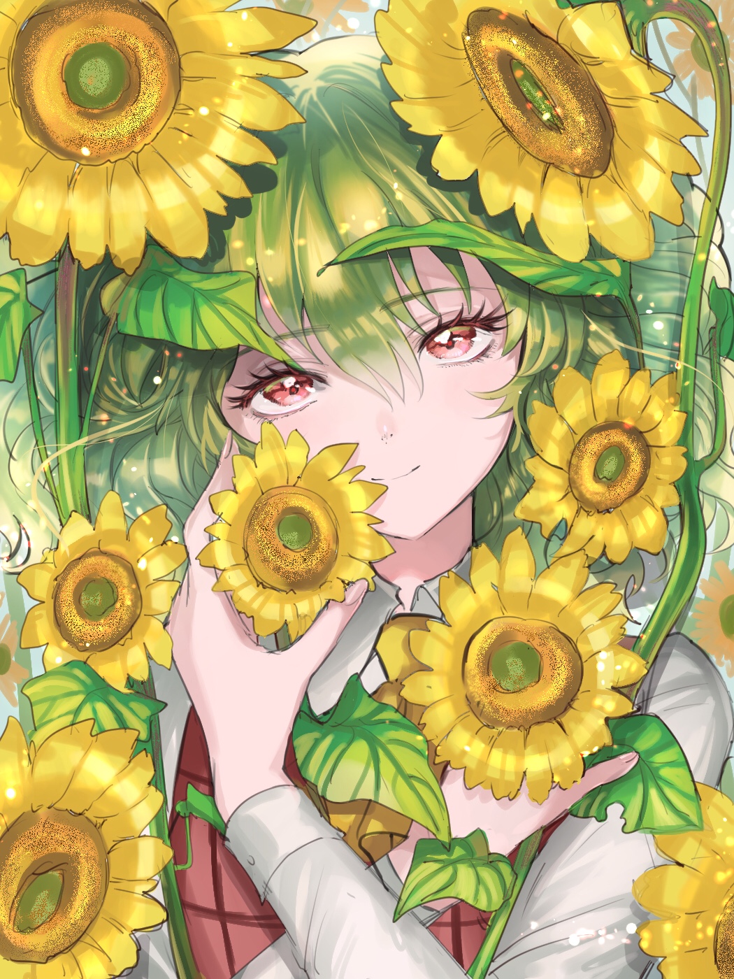 1girl ascot bangs commentary_request eyebrows_visible_through_hair eyelashes flower green_hair hair_between_eyes hand_up head_tilt highres holding holding_flower kazami_yuuka leaf long_sleeves looking_at_viewer plaid plaid_vest red_eyes red_vest rosette_(roze-ko) shirt short_hair smile solo sunflower touhou upper_body vest white_shirt yellow_neckwear