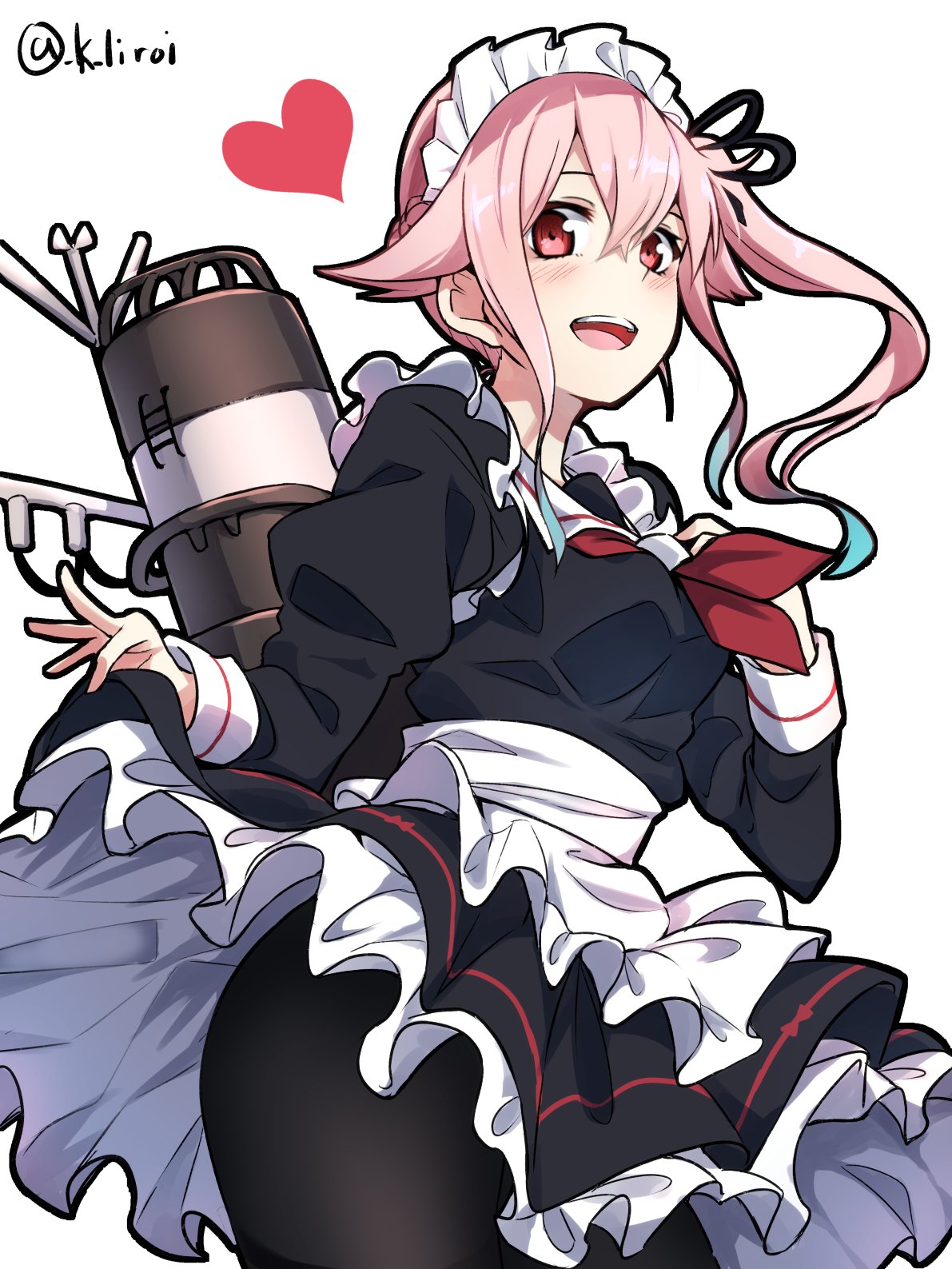 1girl alternate_costume black_dress black_legwear blue_hair commentary_request dress dress_lift enmaided flower gradient_hair hair_flower hair_ornament harusame_(kantai_collection) heart highres kagari_leroy kantai_collection looking_at_viewer machinery maid maid_headdress multicolored_hair pantyhose pink_hair red_eyes ribbon side_ponytail simple_background smokestack solo twitter_username white_background