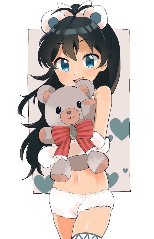 1girl animal_costume animal_ears aqua_eyes bear_ears black_hair eyebrows_visible_through_hair ganaha_hibiki heart heart_background hug idolmaster idolmaster_(classic) long_hair midriff momoguts navel short_shorts shorts stuffed_animal stuffed_toy teddy_bear