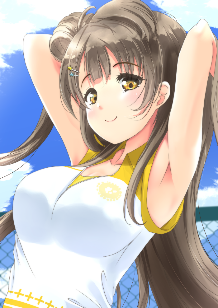 1girl armpits arms_up blue_skirt breasts brown_hair frapowa long_hair looking_at_viewer love_live! love_live!_school_idol_project medium_breasts minami_kotori net skirt smile solo very_long_hair