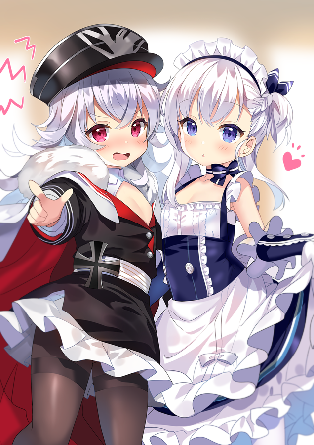 2girls apron azur_lane bangs bare_shoulders belchan_(azur_lane) belfast_(azur_lane) black_headwear black_legwear blue_eyes blush braid cape cleavage_cutout collarbone commentary_request crossed_bangs dress dress_lift elbow_gloves eyebrows_visible_through_hair flat_chest french_braid frilled_apron frilled_gloves frills fur-trimmed_cape fur_trim gloves graf_zeppelin_(azur_lane) hair_between_eyes hat heart iron_cross kurot lifted_by_self long_hair long_sleeves looking_at_viewer maid maid_apron maid_headdress military_hat multiple_girls one_side_up open_mouth pantyhose peaked_cap pleated_skirt pointing pointing_at_viewer red_eyes side_braid silver_hair skirt standing thighband_pantyhose twitter_username very_long_hair waist_apron white_apron white_gloves white_legwear white_skirt zeppelin-chan_(azur_lane)