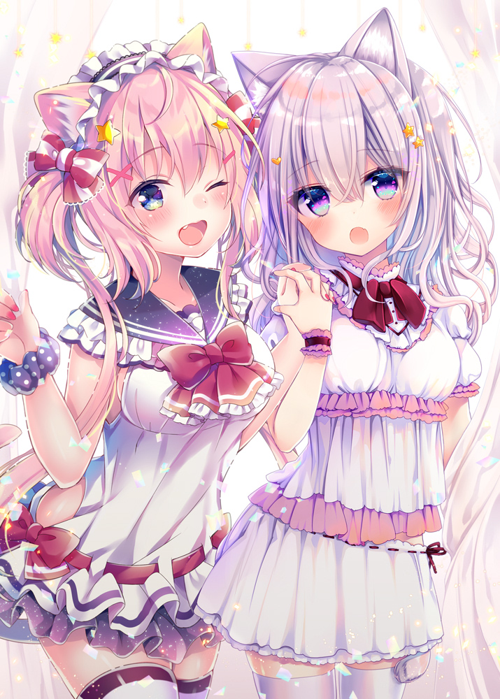 2girls ;d animal_ear_fluff animal_ears black_hairband black_scrunchie blush breasts cat_ears cat_girl cat_tail commentary_request curtains dress fang fingernails frilled_hairband frills hair_ornament hairband hairclip hand_holding interlocked_fingers konno_kengo long_hair medium_breasts multiple_girls nail_polish one_eye_closed open_mouth original pink_hair pleated_dress polka_dot polka_dot_scrunchie puffy_short_sleeves puffy_sleeves red_nails scrunchie short_sleeves silver_hair small_breasts smile star star_hair_ornament tail tail_raised thigh-highs two_side_up white_dress white_legwear wrist_cuffs wrist_scrunchie