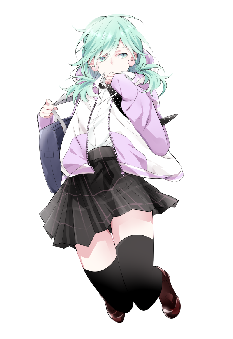 1boy an_(18523012) bag black_footwear black_legwear black_skirt commentary_request crossdressinging earrings eyebrows_visible_through_hair full_body green_eyes green_hair heart heart_earrings jacket jewelry long_hair looking_at_viewer male_focus messy_hair mikaze_ai necktie pleated_skirt polka_dot polka_dot_neckwear shirt shoes simple_background skirt sleeves_past_wrists solo thigh-highs uta_no_prince-sama white_background white_shirt