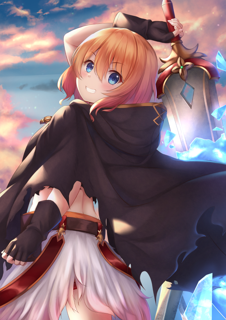 1girl arm_up bangs belt black_gloves blue_eyes blue_sky blush brown_belt brown_cloak brown_hair cloak clouds cloudy_sky commentary_request crystal eyebrows_visible_through_hair fingerless_gloves from_behind gloves grin hair_between_eyes holding holding_sword holding_weapon hood hood_down hooded_cloak looking_at_viewer looking_to_the_side muimi outdoors princess_connect! princess_connect!_re:dive skirt sky smile solo sunset sword weapon white_skirt yuririn_poi
