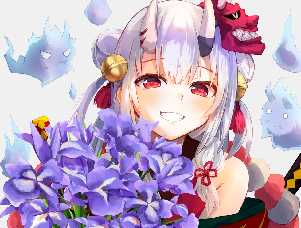 1girl artist_request bangs bell blush bouquet commentary_request flower grin hair_bell hair_between_eyes hair_bun hair_ornament holding holding_bouquet hololive horns iris_(flower) japanese_clothes long_hair looking_at_viewer mask mask_on_head multicolored_hair nakiri_ayame oni oni_horns red_eyes sidelocks silver_hair smile solo streaked_hair upper_body virtual_youtuber