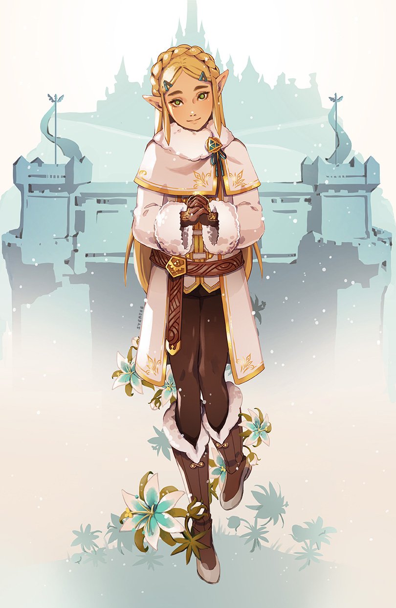 1girl artist_name bangs belt blonde_hair blue_flower blush boots braid brown_footwear brown_gloves brown_legwear building capelet castle closed_mouth crown_braid flower full_body fur-trimmed_boots fur-trimmed_sleeves fur_trim gloves green_eyes hair_ornament hairclip hands_clasped head_tilt highres knee_boots long_hair long_sleeves looking_at_viewer nintendo own_hands_together pantyhose parted_bangs pointy_ears princess_zelda sidelocks smile solo straight_hair syertse the_legend_of_zelda the_legend_of_zelda:_breath_of_the_wild thick_eyebrows triforce white_capelet white_coat winter_clothes