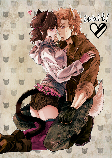 1boy 1girl animal_ears ass bat_(hokuto_no_ken) boots breasts brown_eyes brown_hair commentary_request denim frills hetero hokuto_no_ken jacket jeans jobo_(isi88) lynn pants short_hair shorts tail thigh-highs